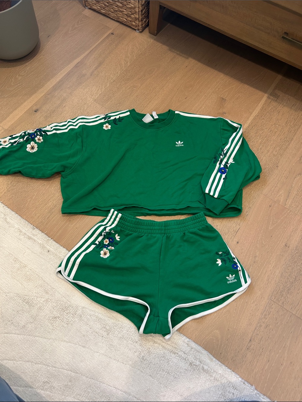 Adidas Green Floral Stripe Cropped Sweatshirt and Shorts Set